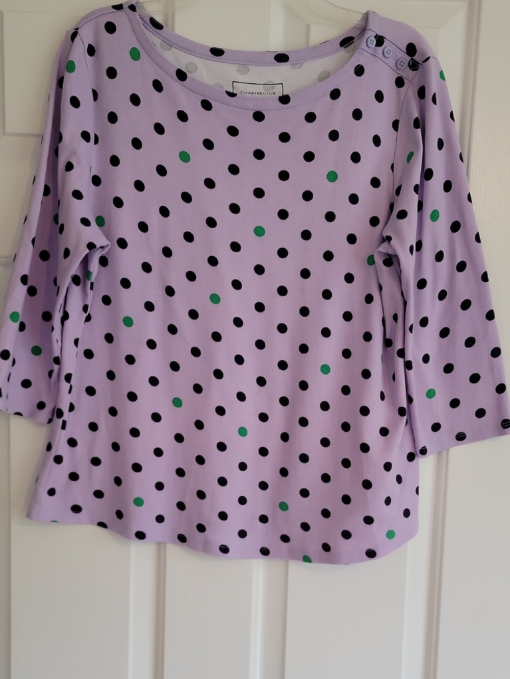 Charter Club Lilac Polka Dot Boatneck Top with Green Accents, Size L